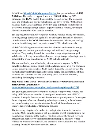 Nickel Cobalt Manganese Market Forecasted to Reach US$ 10 Billion by 2033