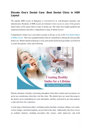 Elevate One’s Dental Care: Best Dental Clinic In HSR Layout