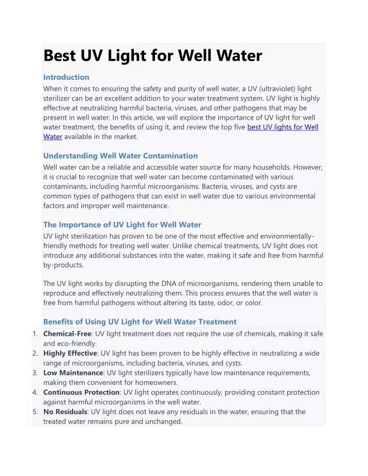 best uv light for well water