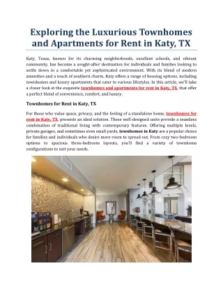 Exploring the Luxurious Townhomes and Apartments for Rent in Katy, TX