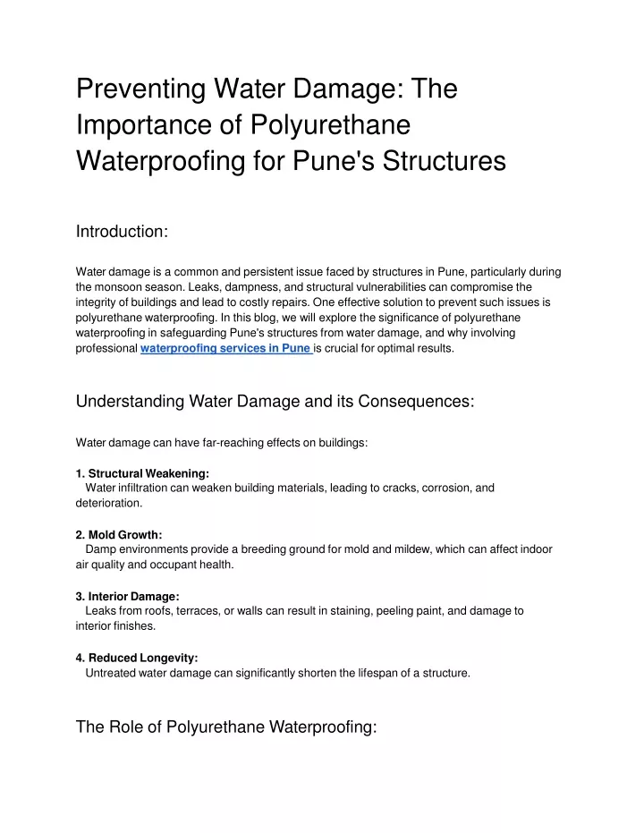 preventing water damage the importance of polyurethane waterproofing for pune s structures