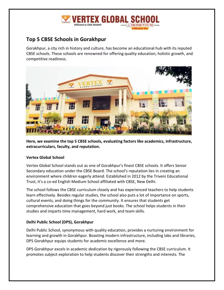 top 5 cbse schools in gorakhpur
