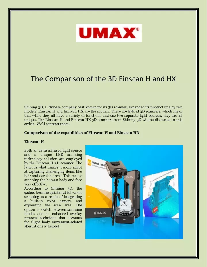 the comparison of the 3d einscan h and hx