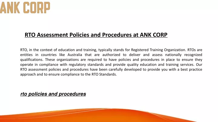 rto assessment policies and procedures at ank corp