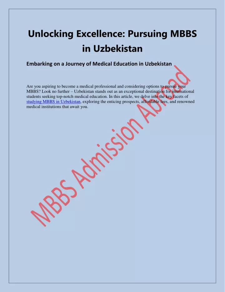 unlocking excellence pursuing mbbs in uzbekistan