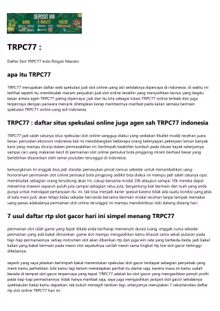 TRPC77 :      Lokasi Legal Bandar Online Judi Slot TRPC77 Indonesia Terpercaya