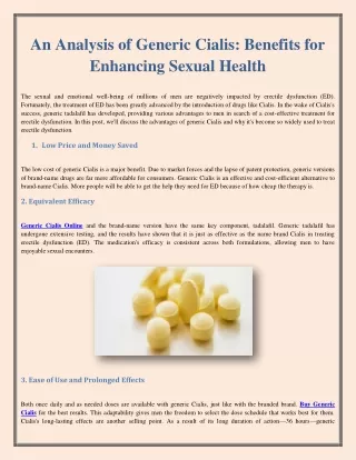An Analysis of Generic Cialis: Benefits for Enhancing Sexual Health