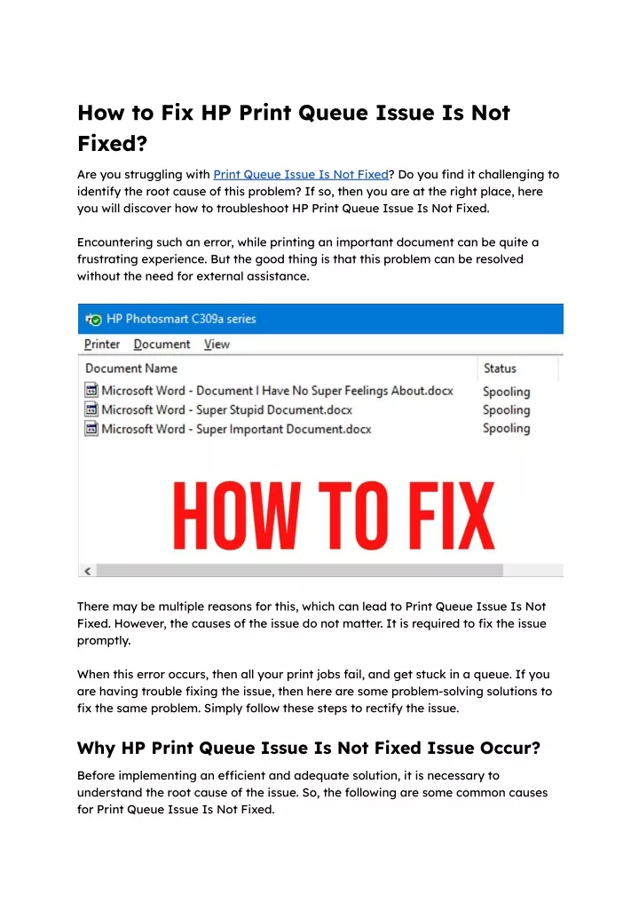 how to fix hp print queue issue is not fixed