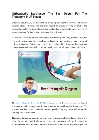 Orthopaedic Excellence , The Best Doctor For The Treatment In JP Nagar