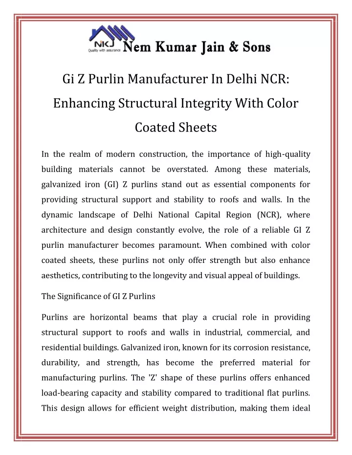 gi z purlin manufacturer in delhi ncr