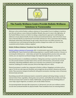 The Family Wellness Centre Provide Holistic Wellness Solutions in Toowoomba