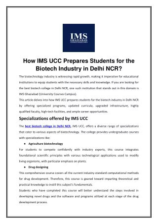 How IMS UCC Prepares Students for the Biotech Industry in Delhi NCR?