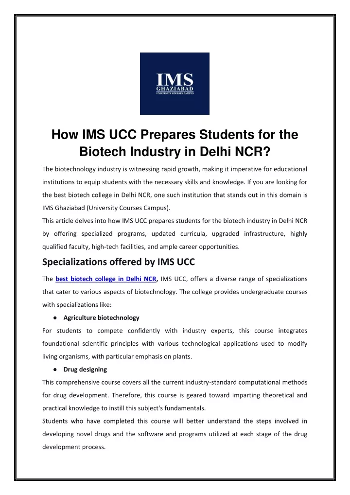 how ims ucc prepares students for the biotech