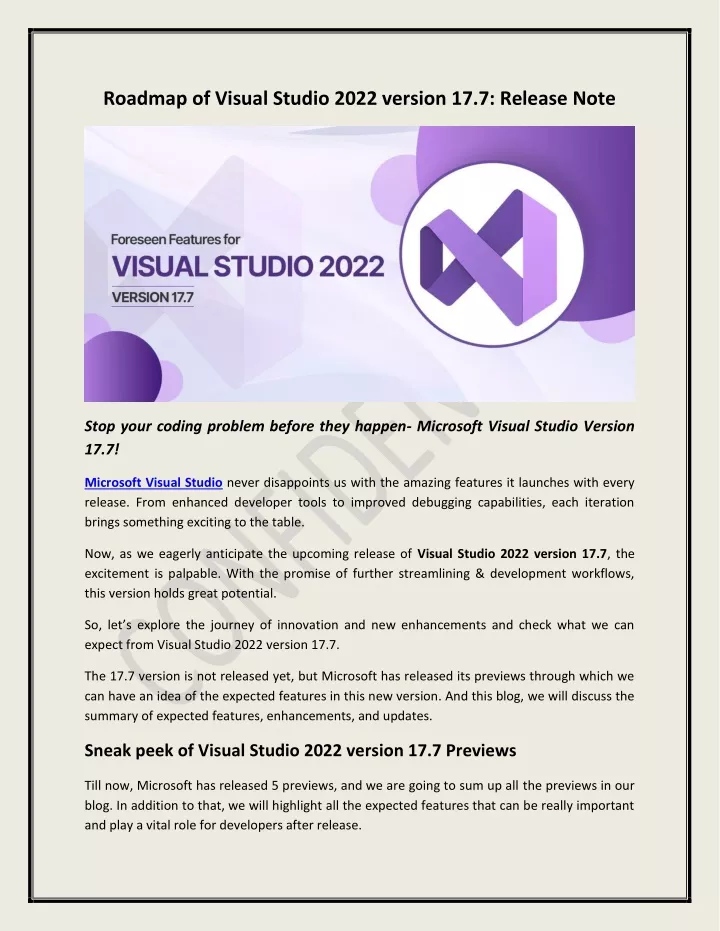 roadmap of visual studio 2022 version