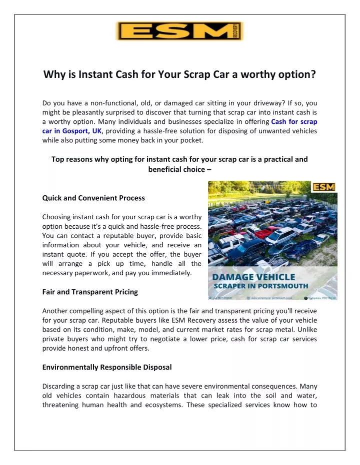 why is instant cash for your scrap car a worthy