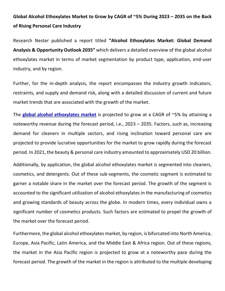 global alcohol ethoxylates market to grow by cagr