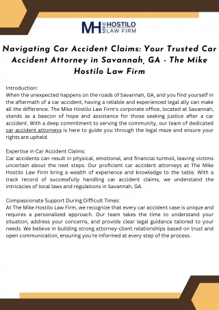 Navigating Car Accident Claims Your Trusted Car Accident Attorney in Savannah, GA - The Mike Hostilo Law Firm