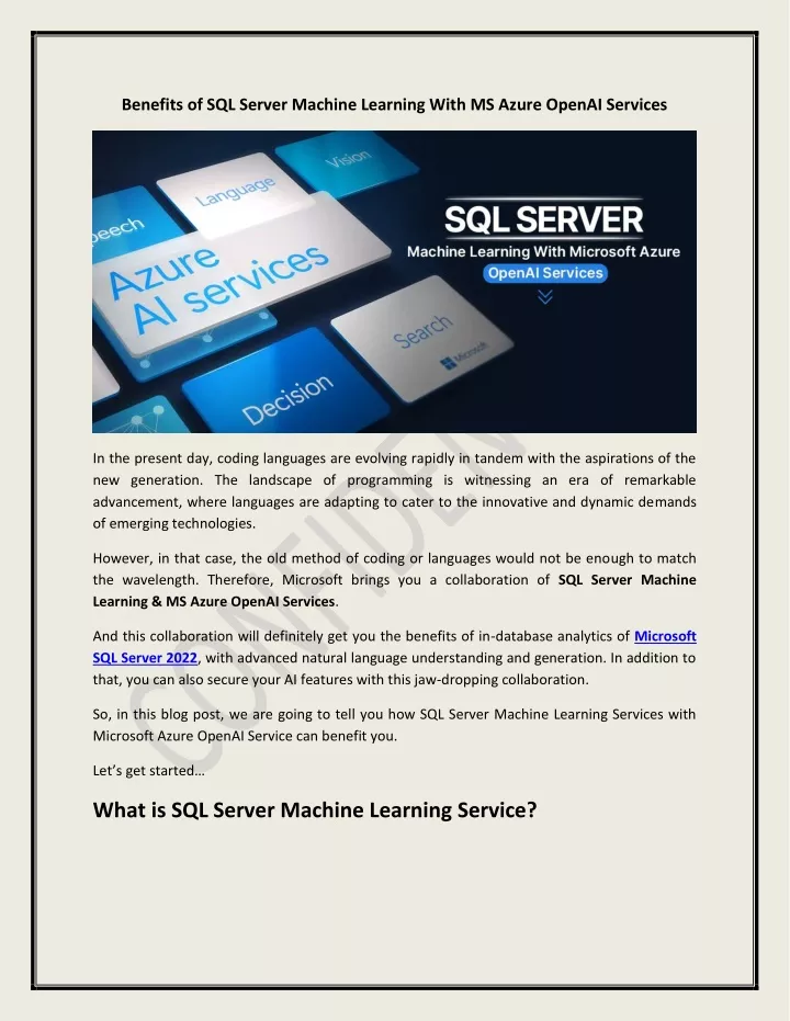 benefits of sql server machine learning with