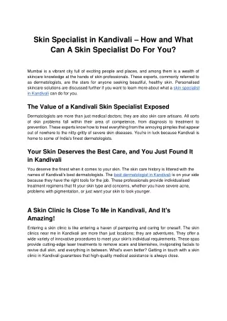 Skin Specialist in Kandivali – How and What Can A Skin Specialist Do For You_