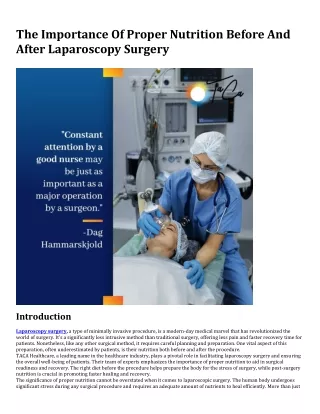 The Importance Of Proper Nutrition Before And After Laparoscopy Surgery