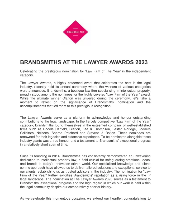 brandsmiths at the lawyer awards 2023