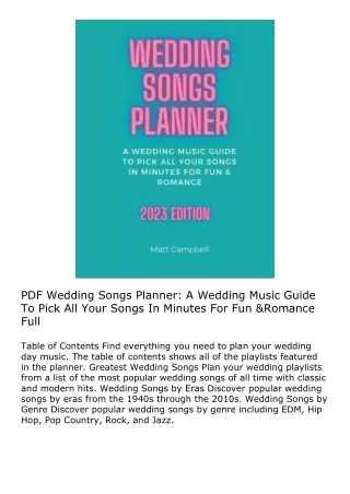 PDF Wedding Songs Planner: A Wedding Music Guide To Pick All Your Songs In Minut