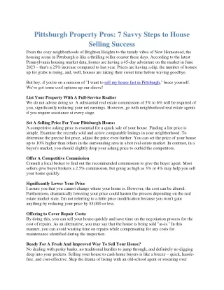 Pittsburgh Property Pros: 7 Savvy Steps to House Selling Success