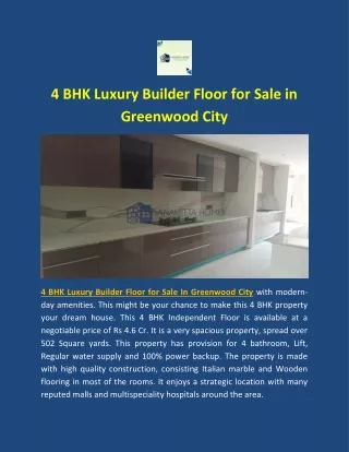 4 BHK Luxury Builder Floor for Sale in Greenwood City