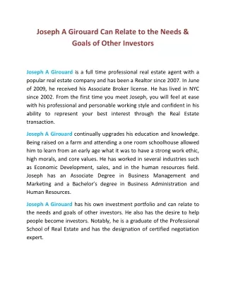 Joseph A Girouard Can Relate to the Needs & Goals of Other Investors
