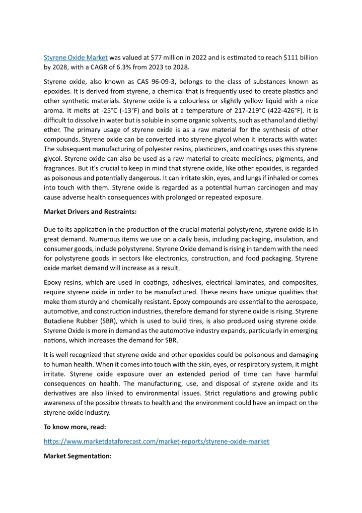 styrene oxide market was valued at 77 million