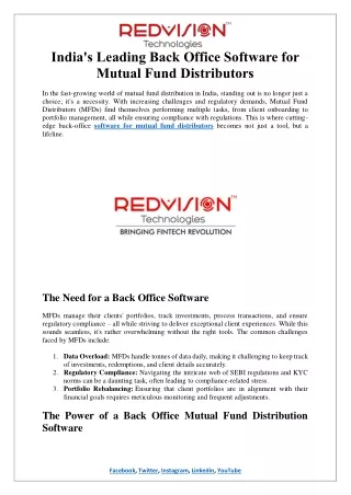 India's Leading Back Office Software for Mutual Fund Distributors