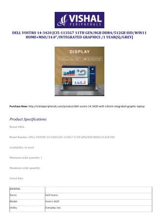 DELL VOSTRO 14-3420 [CI5-1135G7 11TH GEN/8GB DDR4/512GB SSD/ | Vishal Peripheral