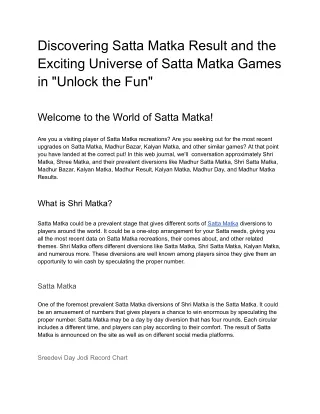 Discovering Satta Matka Result and the Exciting Universe of Satta Matka Games in _Unlock the Fun_