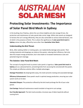 The Importance of Solar Panel Bird Mesh in Sydney