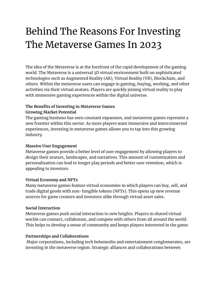 behind the reasons for investing the metaverse
