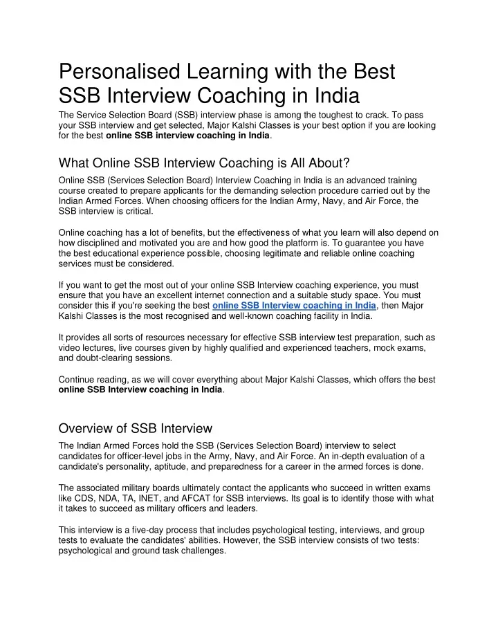 personalised learning with the best ssb interview