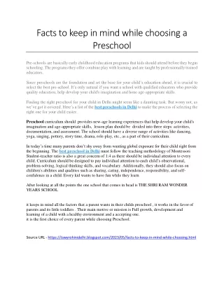 Facts to keep in mind while choosing a Preschool