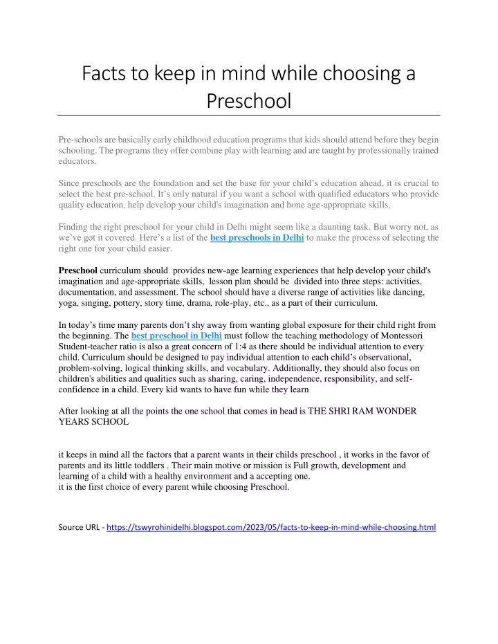 facts to keep in mind while choosing a preschool