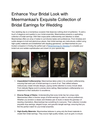 Enhance Your Bridal Look with Meermankaa's Exquisite Collection of Bridal Earrings for Wedding