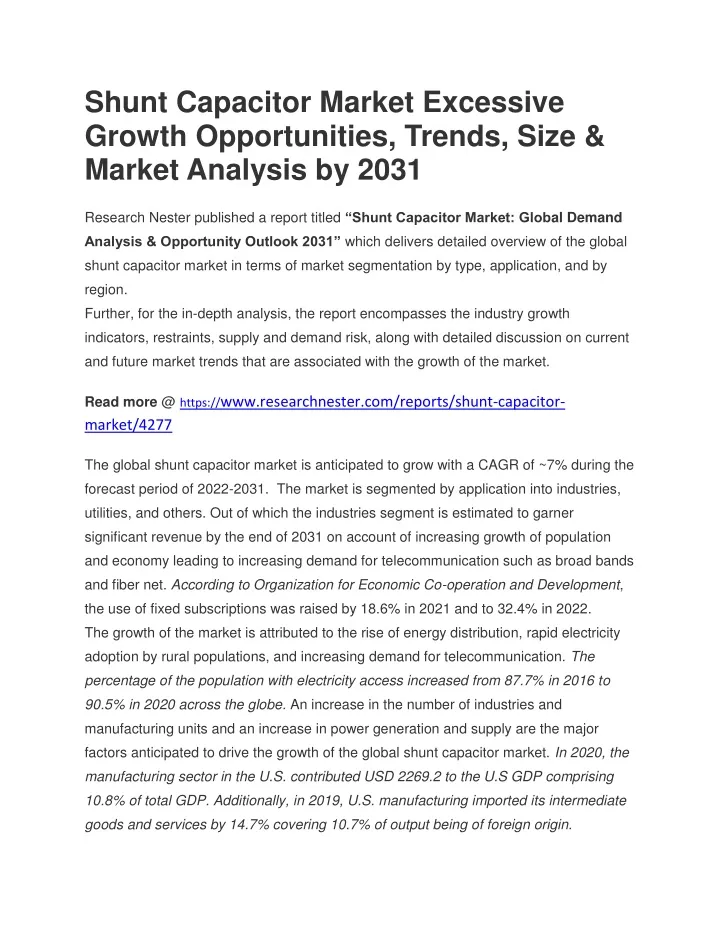 shunt capacitor market excessive growth