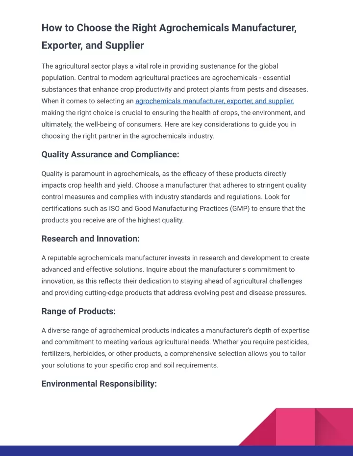 how to choose the right agrochemicals manufacturer