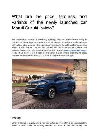 What are the price, features, and variants of the newly launched car Maruti Suzuki Invicto