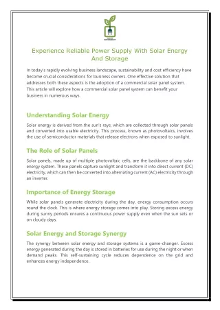 Experience Reliable Power Supply With Solar Energy And Storage
