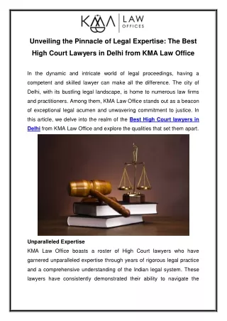 Unveiling the Pinnacle of Legal Expertise The Best High Court Lawyers in Delhi from KMA Law Office
