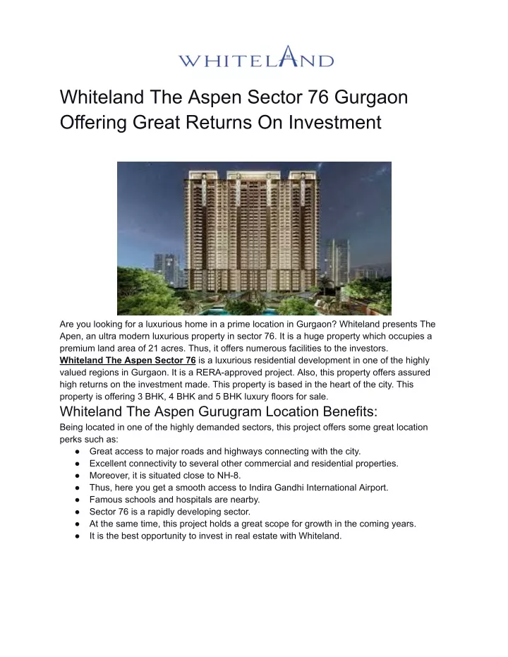 whiteland the aspen sector 76 gurgaon offering