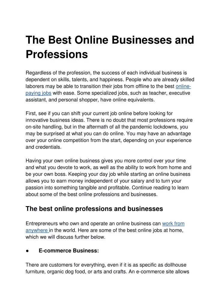 the best online businesses and professions