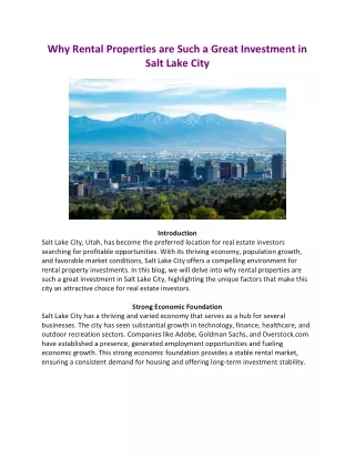 Why Rental Properties are Such a Great Investment in Salt Lake City