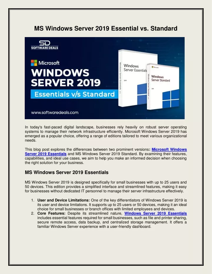 ms windows server 2019 essential vs standard