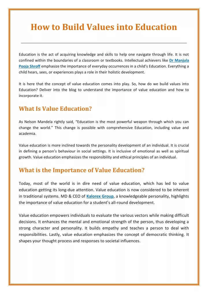 how to build values into education