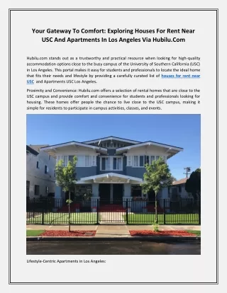 Your Gateway to Comfort Exploring Houses for Rent near USC and Apartments in Los Angeles via Hubilu.com